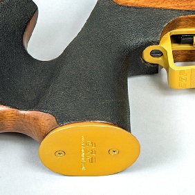 Aluminium gold anodised pistol grip cap fitted to a Feinwerkbau 300s Match air rifle