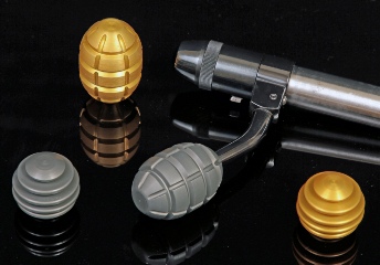 CNC machined skeleton and hand grenade bolt knobs in gold and hard anodised finish