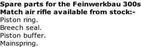 Spare parts for the Feinwerkbau 300s Match air rifle available from stock:- Piston ring. Breech seal. Piston buffer. Mainspring.